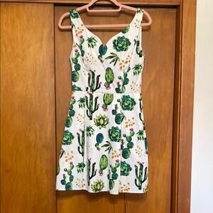 White Green Cotton Cactus Floral Sleeveless V-Neck Sundress Pockets Zip Rodeo